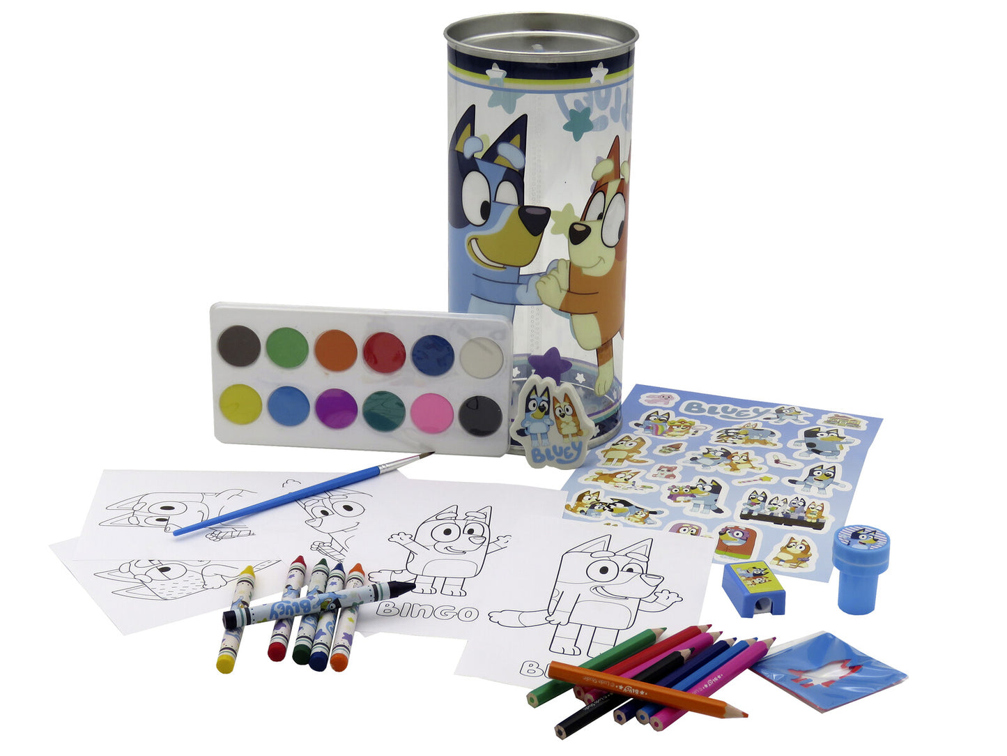 Bluey Aktivitätsset mit Spardose Malset 4 Zeichenblätter 8 Buntstifte 12 Wasserfarben