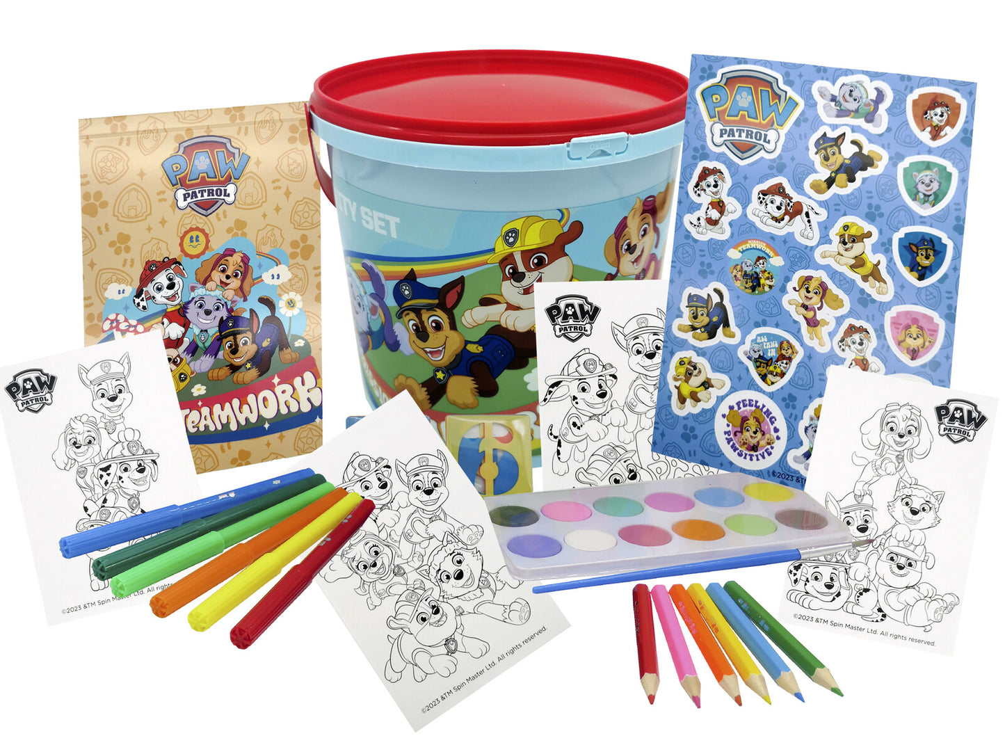 Paw Patrol 46 teiliges Aktivitätsset Malset im Eimer mit Stiften Stickern und Wasserfarben