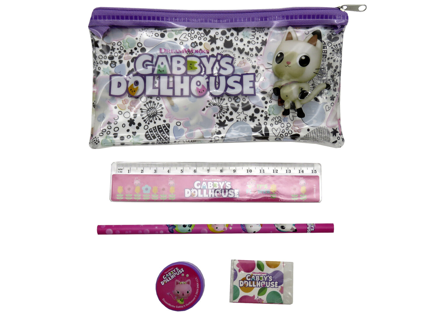 Gabby’s Dollhouse Schulschreibwarenset 5 teilig Federmäppchen Lineal Radiergummi Spitzer Bleistift