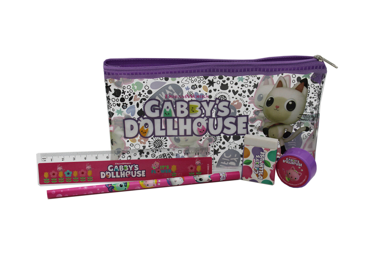 Gabby’s Dollhouse Schulschreibwarenset 5 teilig Federmäppchen Lineal Radiergummi Spitzer Bleistift