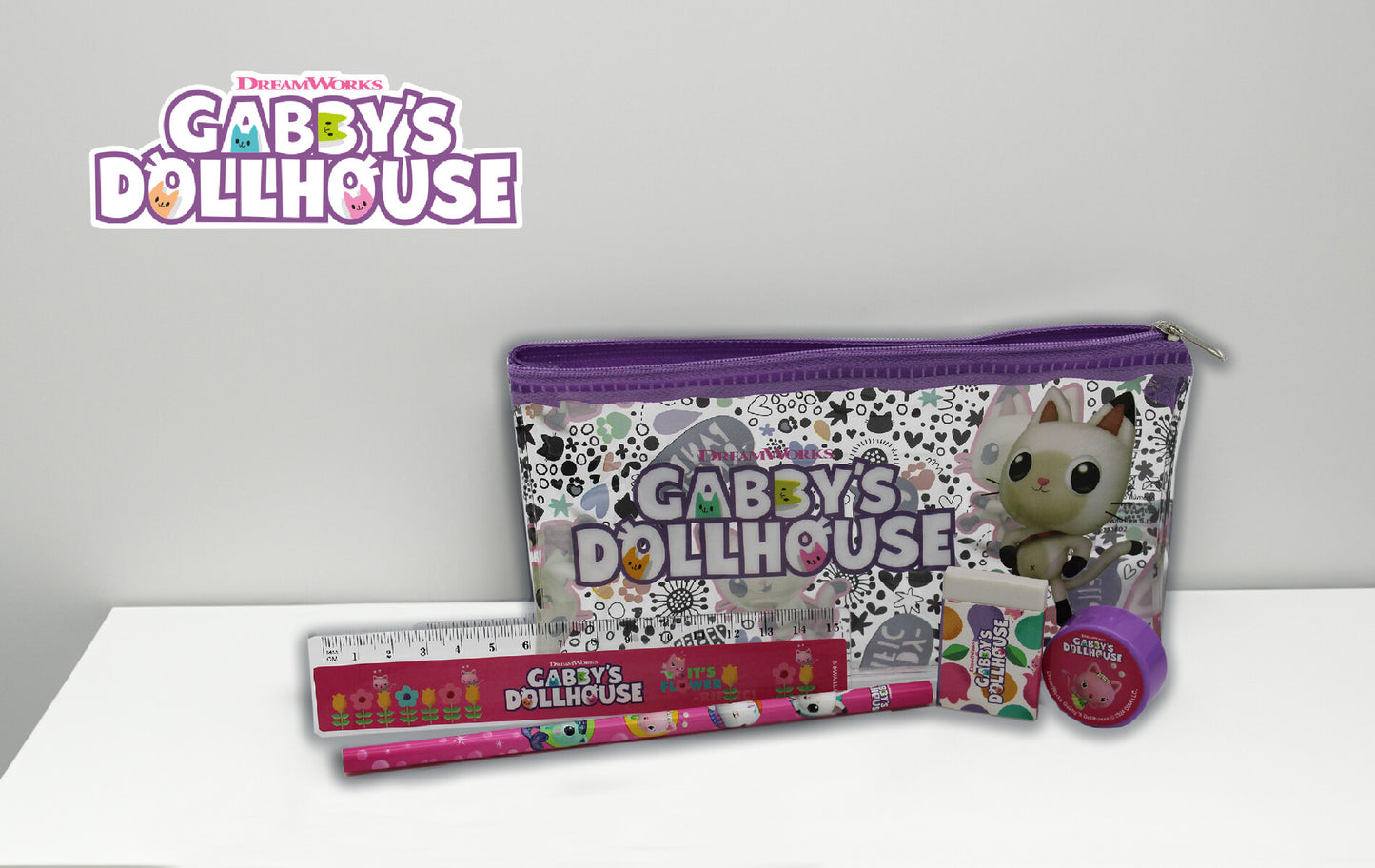 Gabby’s Dollhouse Schulschreibwarenset 5 teilig Federmäppchen Lineal Radiergummi Spitzer Bleistift
