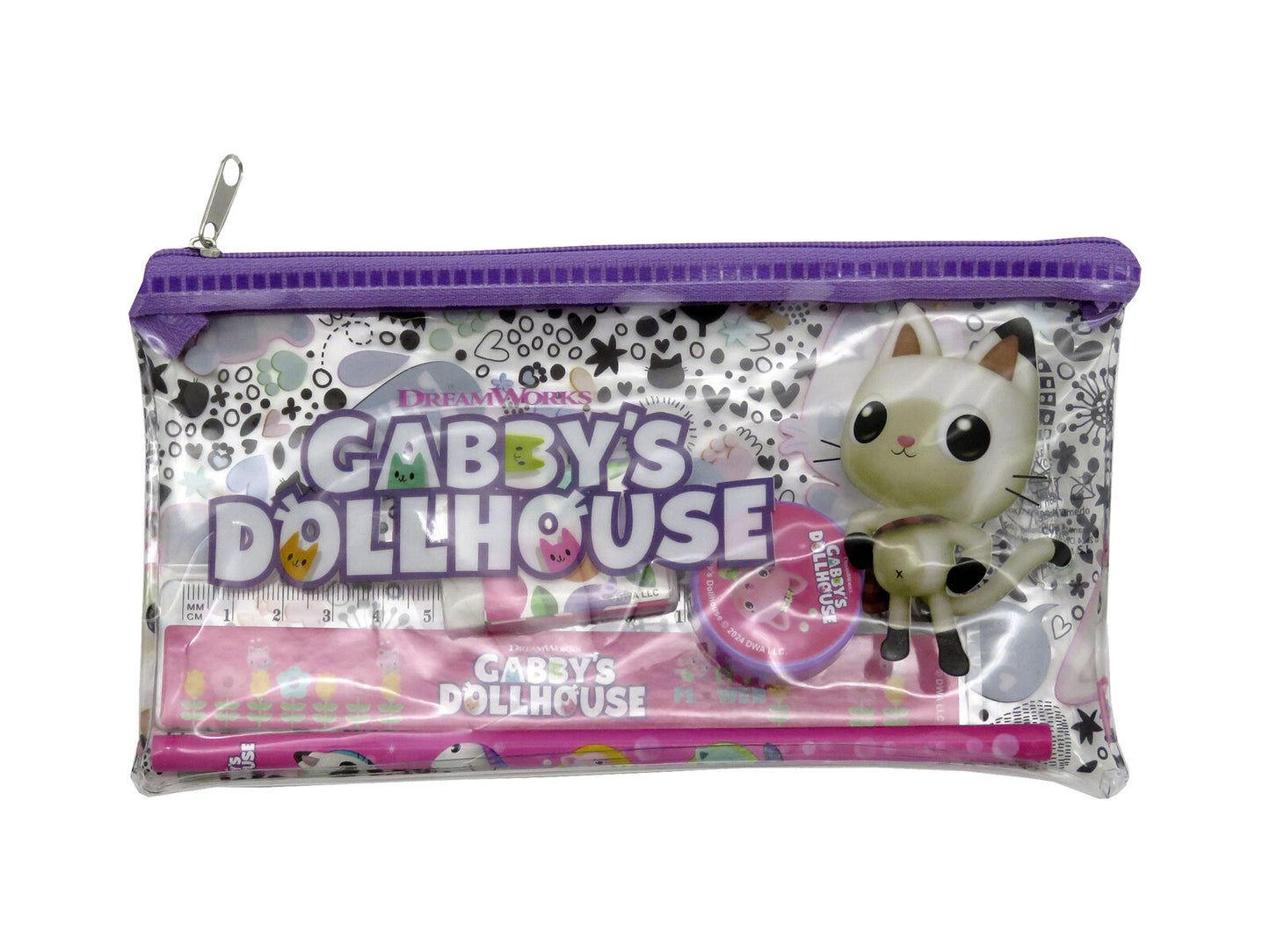 Gabby’s Dollhouse Schulschreibwarenset 5 teilig Federmäppchen Lineal Radiergummi Spitzer Bleistift