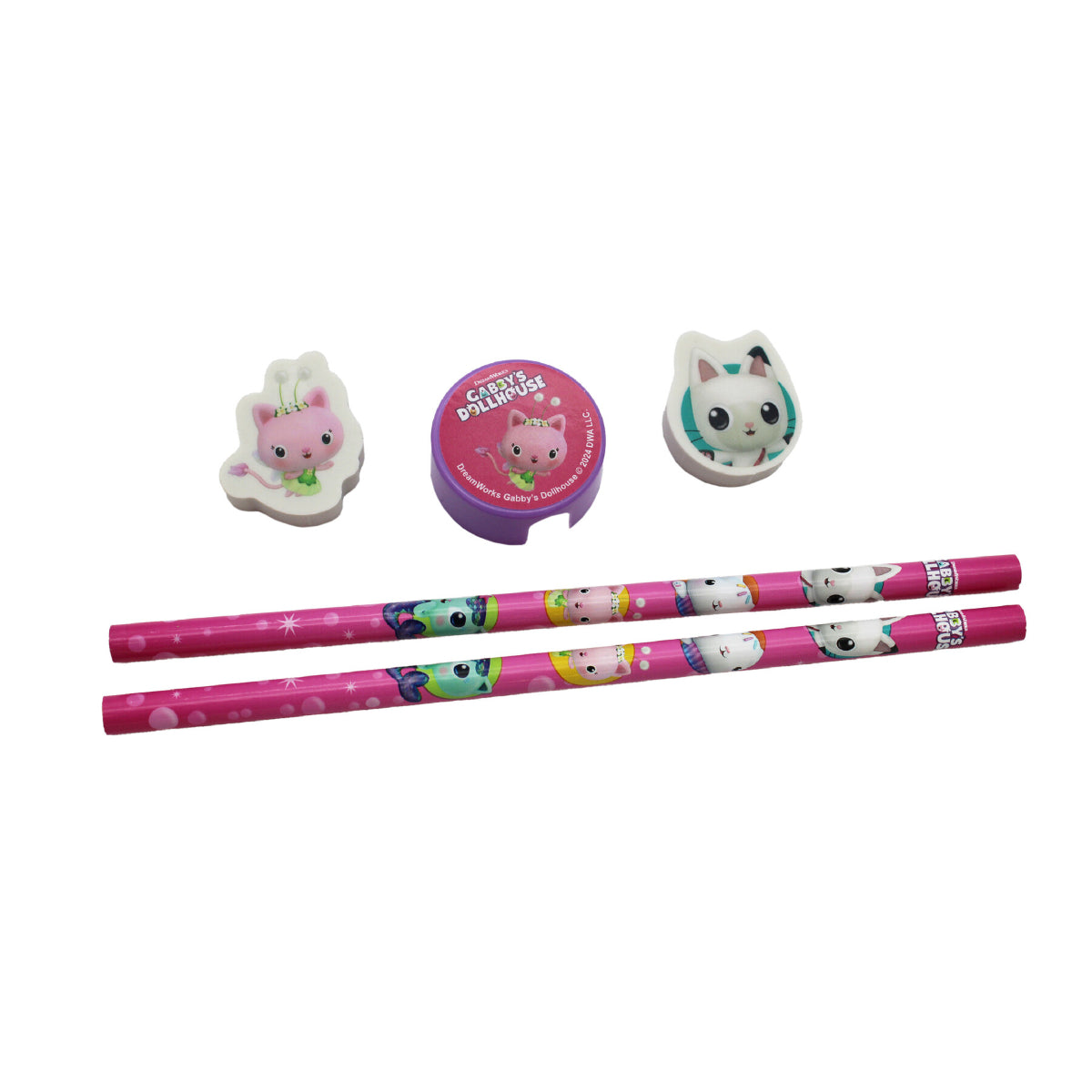 Gabby’s Dollhouse Schreibwaren Set 5 teilig 2 Bleistifte 2 Radiergummis Anspitzer