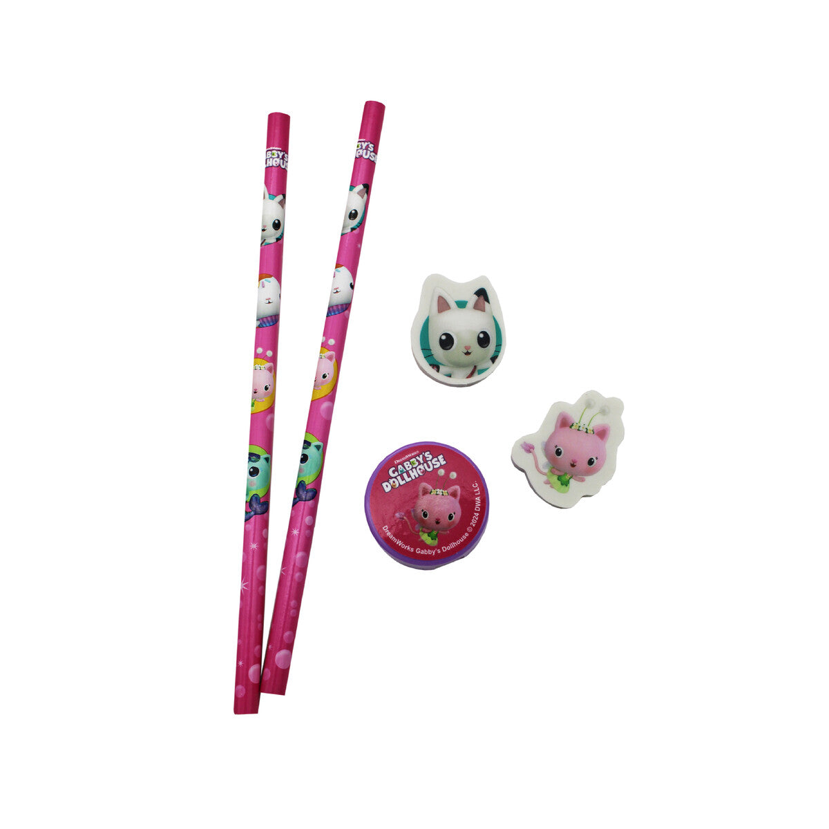 Gabby’s Dollhouse Schreibwaren Set 5 teilig 2 Bleistifte 2 Radiergummis Anspitzer
