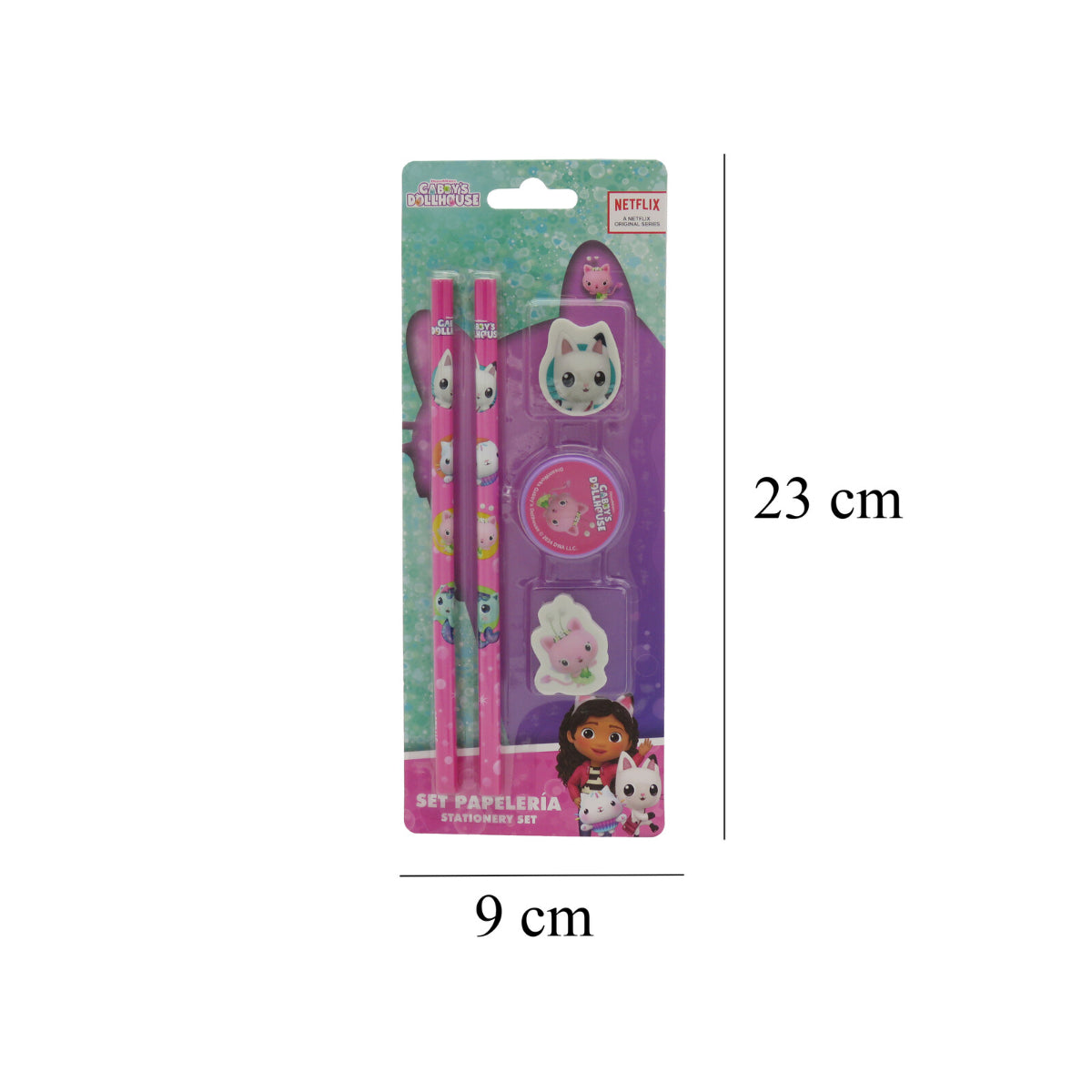 Gabby’s Dollhouse Schreibwaren Set 5 teilig 2 Bleistifte 2 Radiergummis Anspitzer
