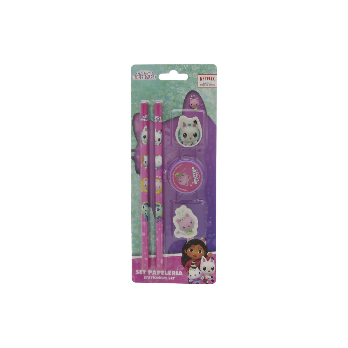 Gabby’s Dollhouse Schreibwaren Set 5 teilig 2 Bleistifte 2 Radiergummis Anspitzer