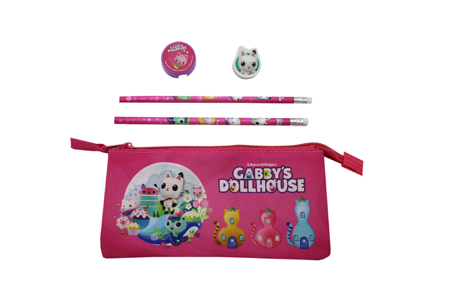 Gabby’s Dollhouse Federmäppchen Schreibset mit Etui 2 Bleistifte Radiergummi Spitzer Schulset