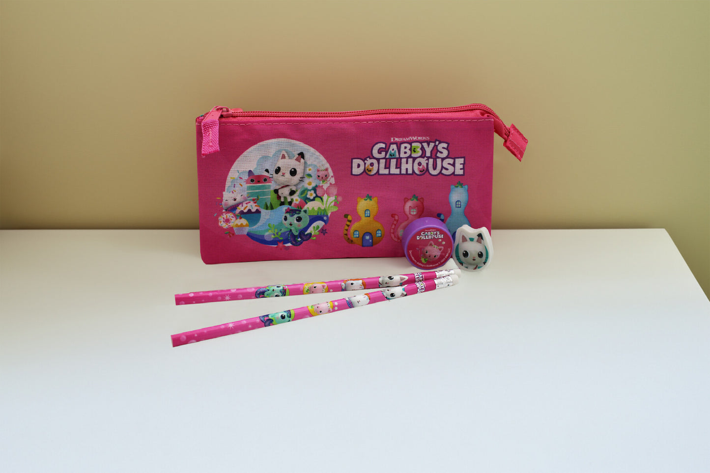 Gabby’s Dollhouse Federmäppchen Schreibset mit Etui 2 Bleistifte Radiergummi Spitzer Schulset