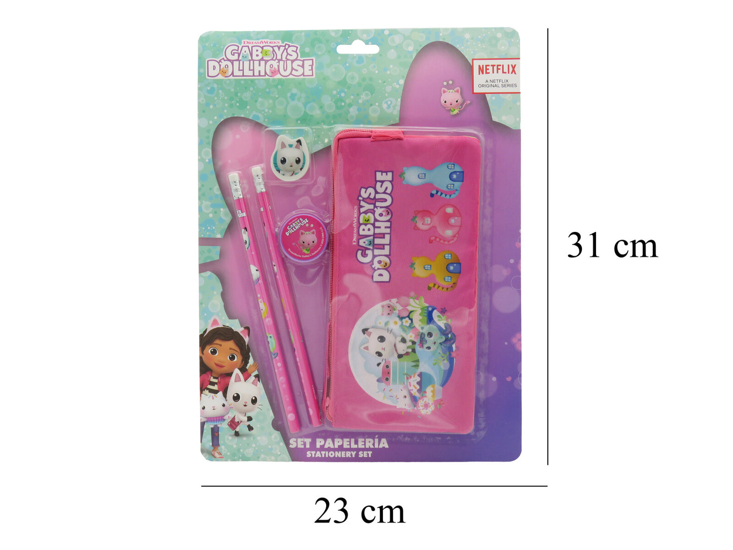 Gabby’s Dollhouse Federmäppchen Schreibset mit Etui 2 Bleistifte Radiergummi Spitzer Schulset