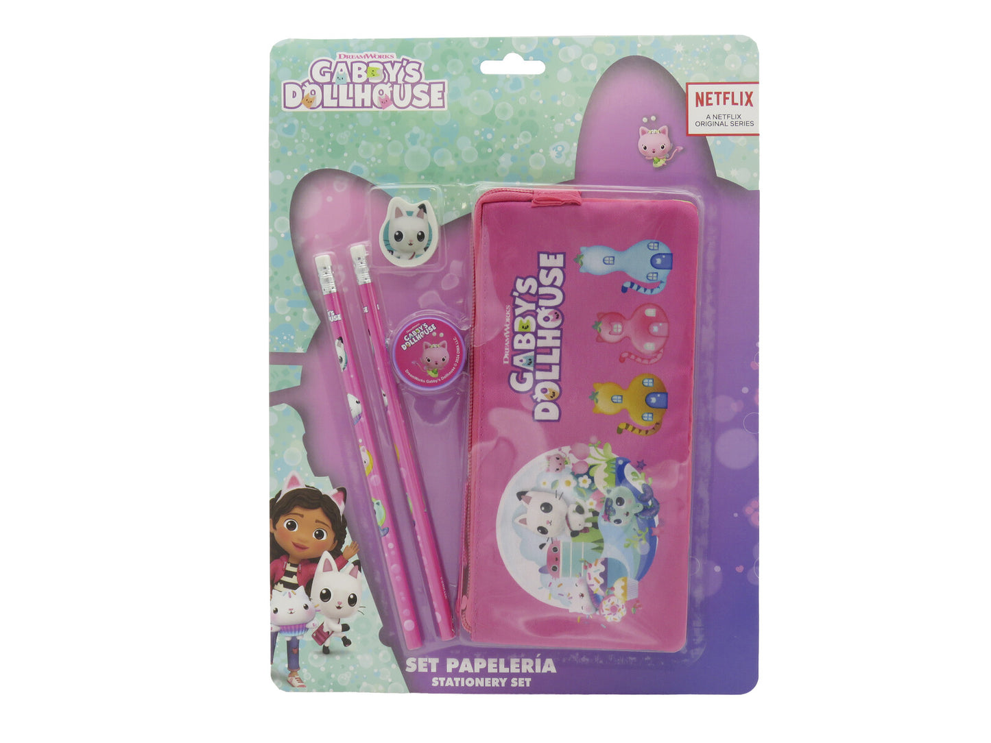 Gabby’s Dollhouse Federmäppchen Schreibset mit Etui 2 Bleistifte Radiergummi Spitzer Schulset