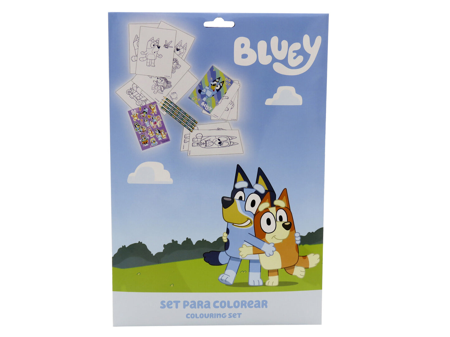 Bluey Ausmalset im Umschlag 2 Malbücher A4 A5 je 16 Bilder Stickerbogen 4 Buntstifte