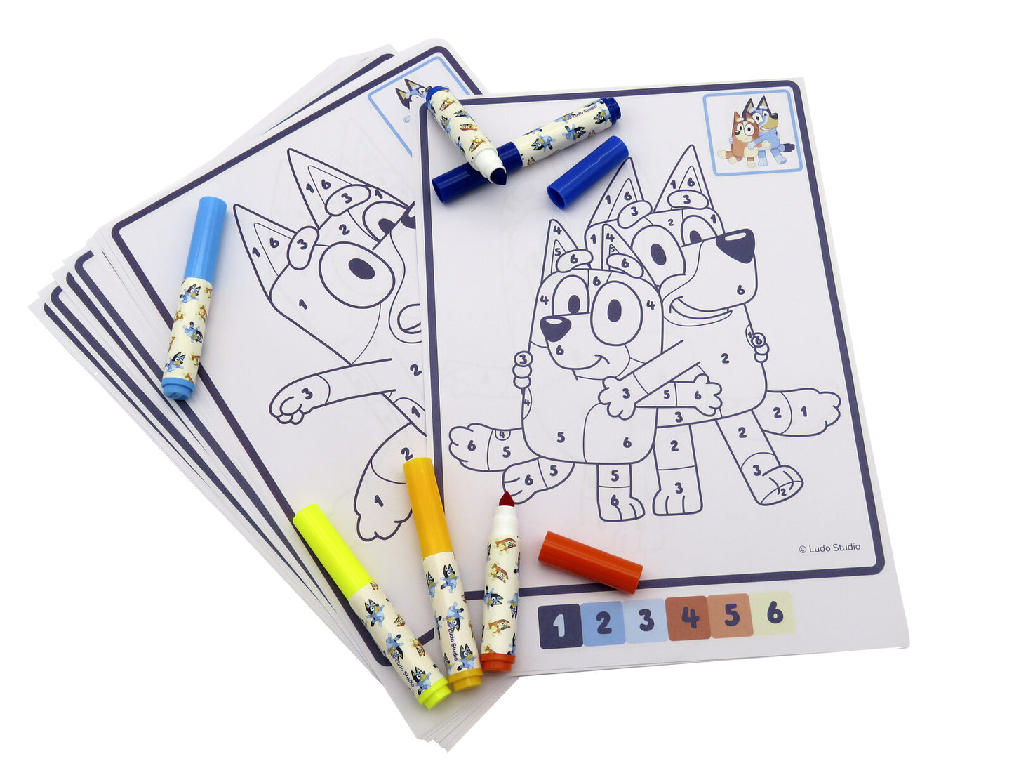 Bluey Malen nach Zahlen Set A4 16 Blätter 6 waschbare Stifte im Umschlag Kreativset Kinder