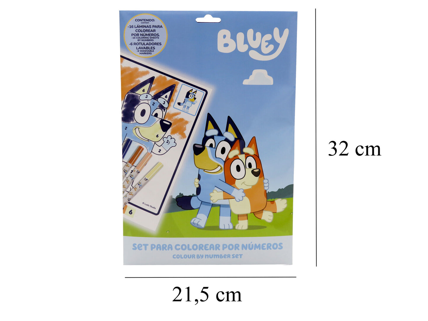 Bluey Malen nach Zahlen Set A4 16 Blätter 6 waschbare Stifte im Umschlag Kreativset Kinder