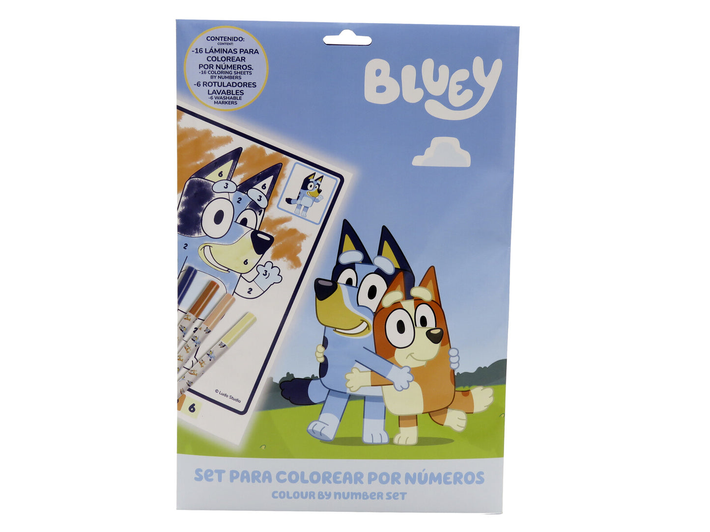 Bluey Malen nach Zahlen Set A4 16 Blätter 6 waschbare Stifte im Umschlag Kreativset Kinder