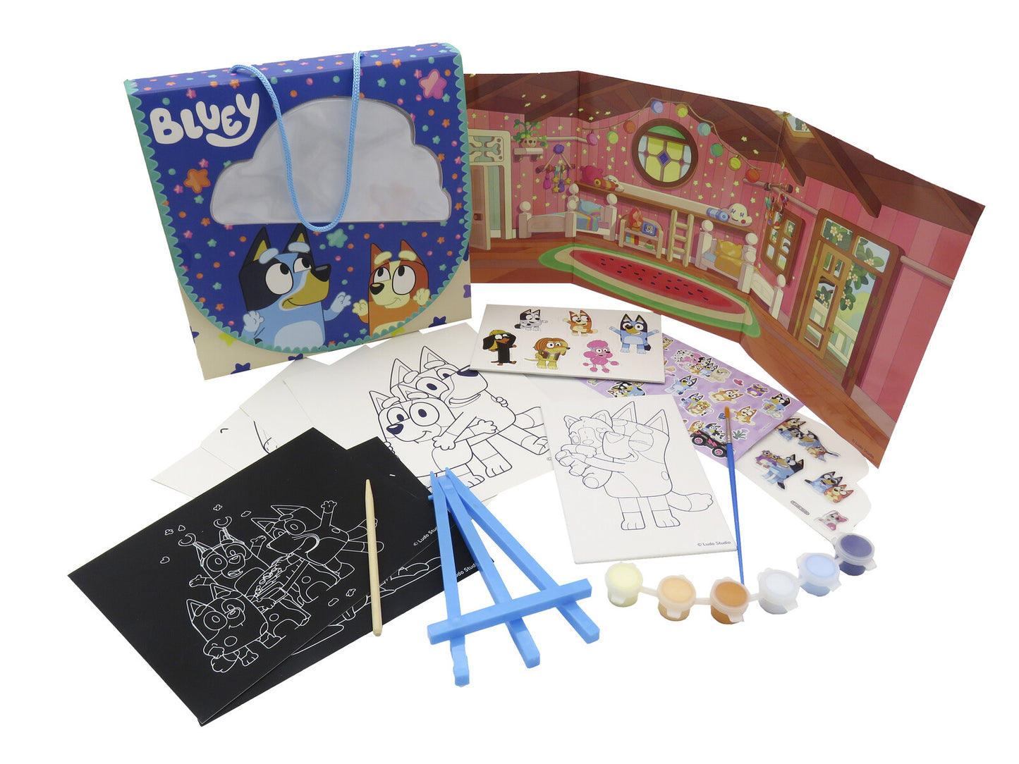 Bluey Kreativset Leinwand bemalen mit Staffelei Farben Pinsel Sticker und Kratzbilder Bastelset Kinder
