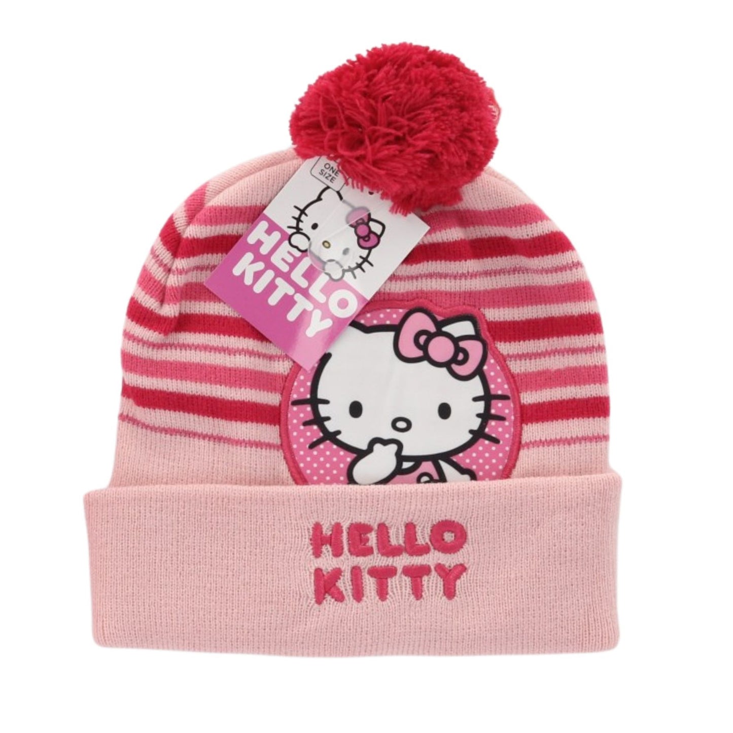 Hello Kitty Mütze in Rosa & Pink mit Bommel und Stickerei