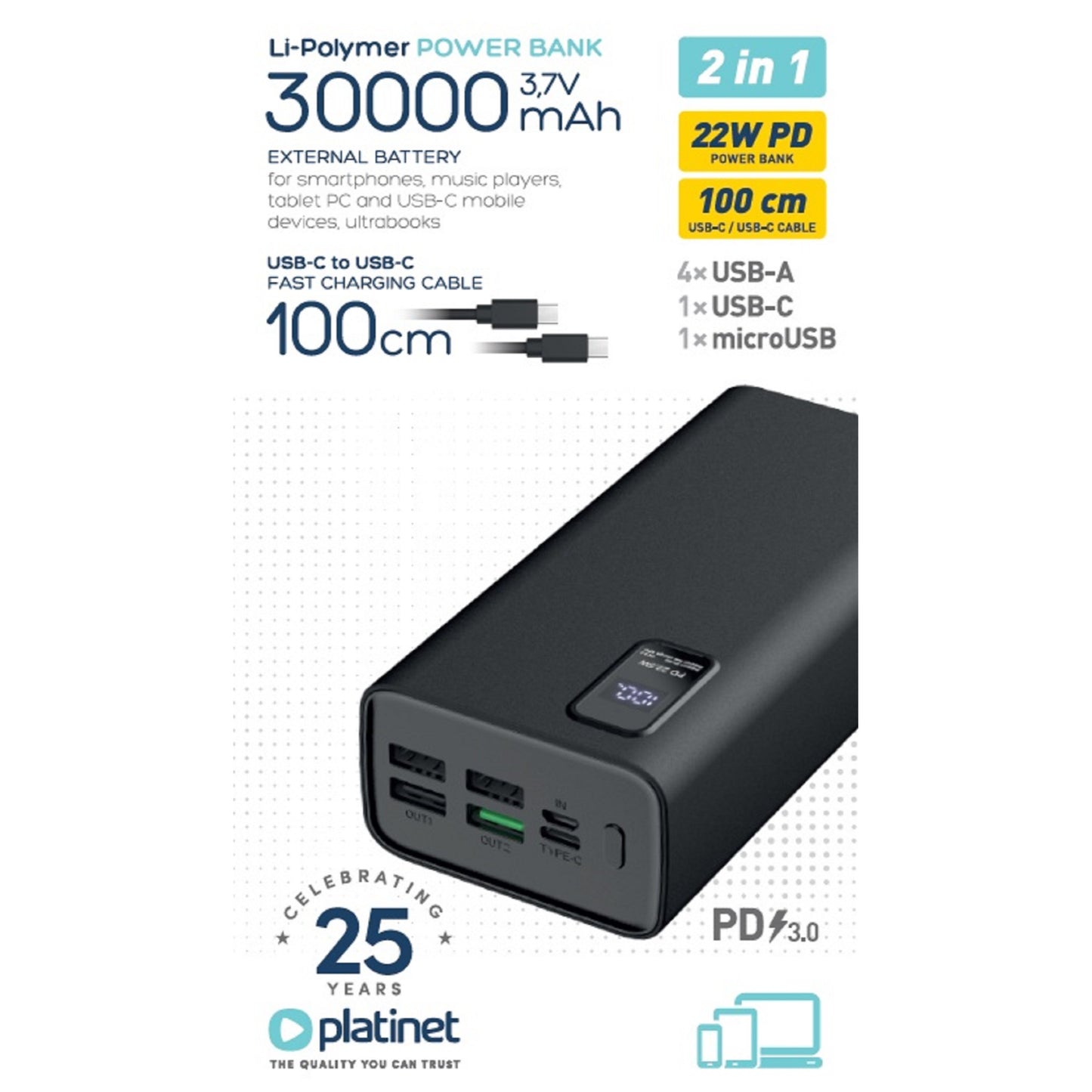 Platinet 30000 mAh Power Bank mit Schnellladung und USB Type C