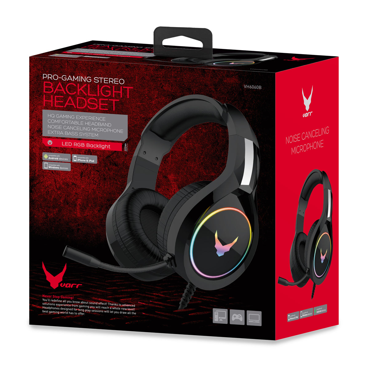 VARR VH6060 RGB Gaming-Headset mit Mikrofon, 50-mm-Treiber, Schwarz
