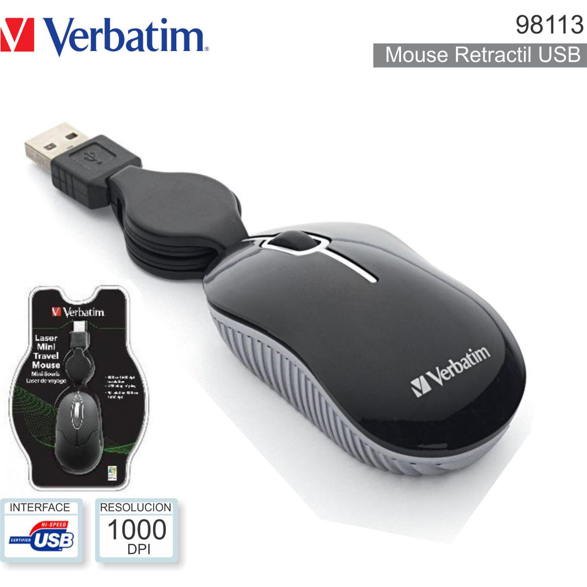 Verbatim 98113 Mini Travel Maus USB 1000 DPI Kabelaufroller Schwarz