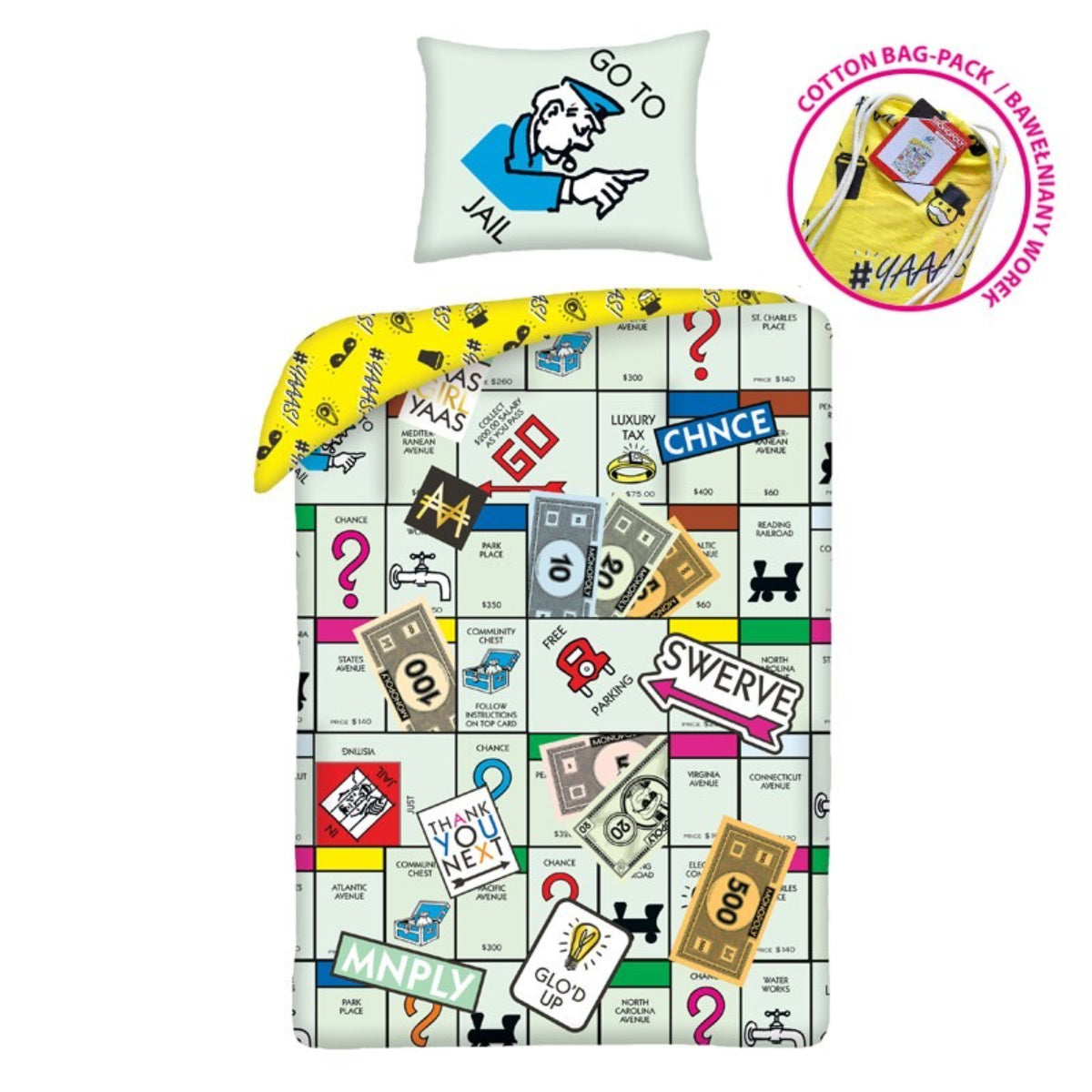 Monopoly Bettwäsche Set aus Baumwolle Bettdeckenbezug 140 × 200 cm mit 70 × 90 cm Kissenbezug