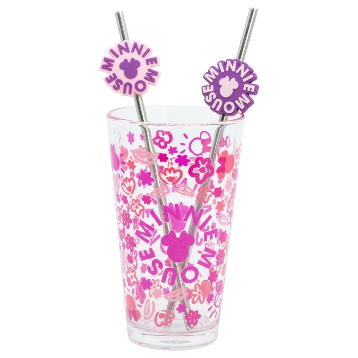 Disney Minnie Mouse Glas 480 ml mit 2 Edelstahl Trinkhalmen