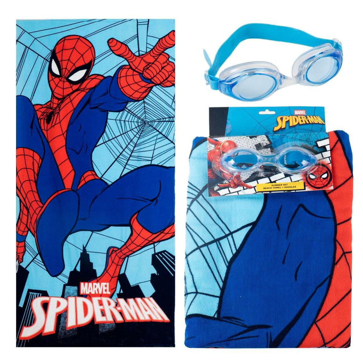 Spiderman Kinder Strandtuch 70 × 140 cm mit Schwimmbrille als Set