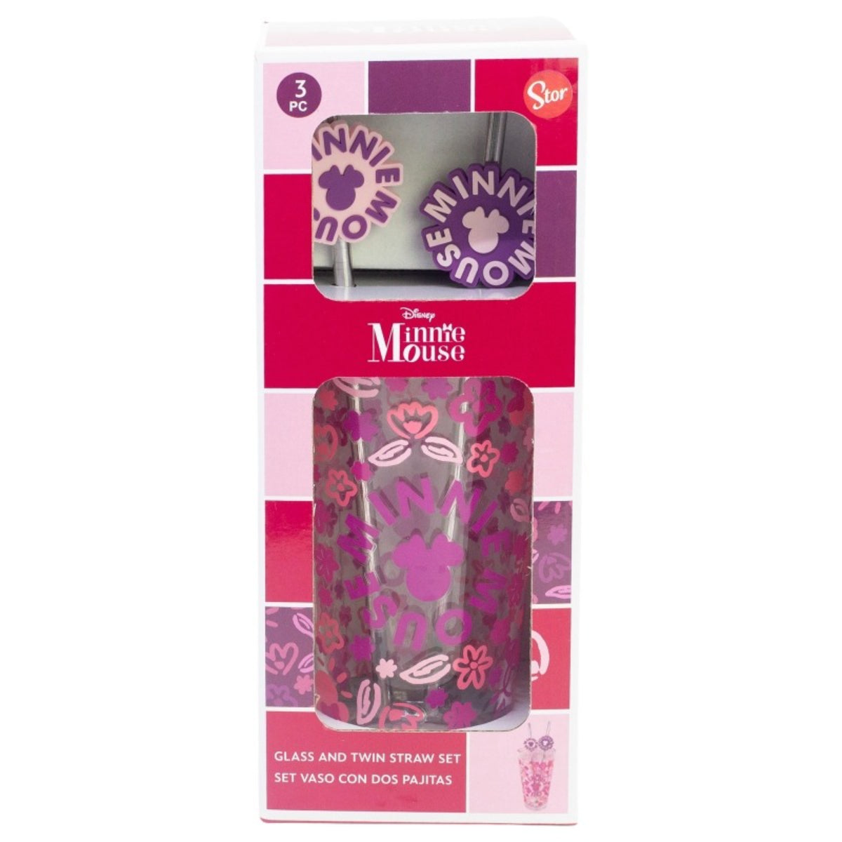 Disney Minnie Mouse Glas 480 ml mit 2 Edelstahl Trinkhalmen