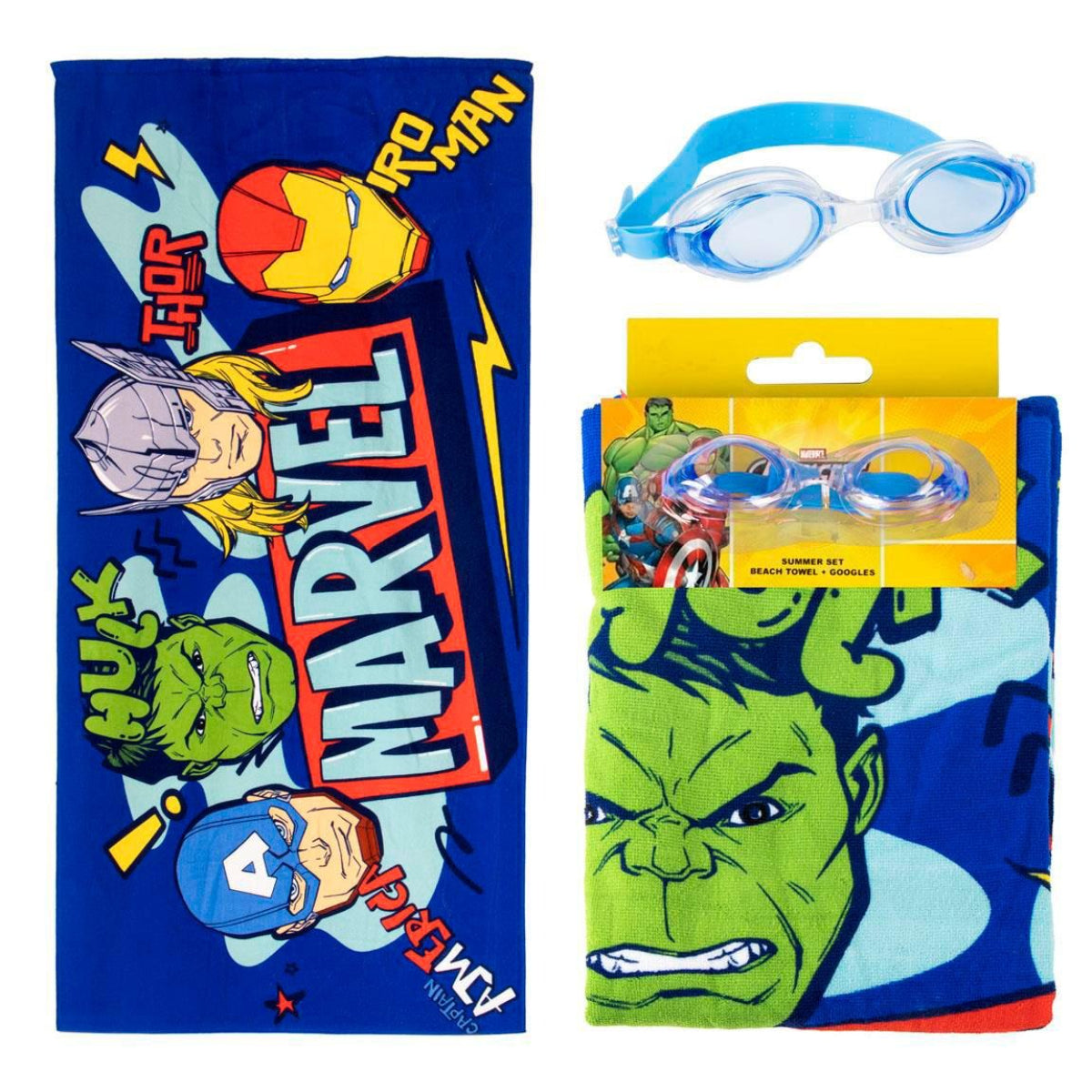 Marvel Kinder Strandtuch 70 × 140 cm mit Schwimmbrille als Set