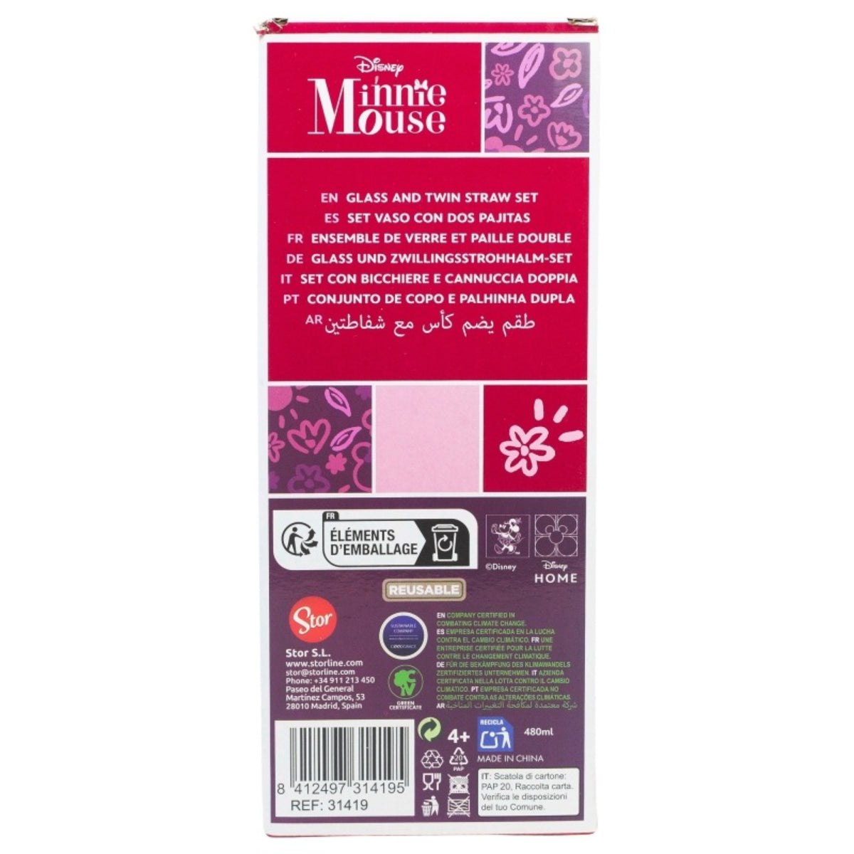 Disney Minnie Mouse Glas 480 ml mit 2 Edelstahl Trinkhalmen