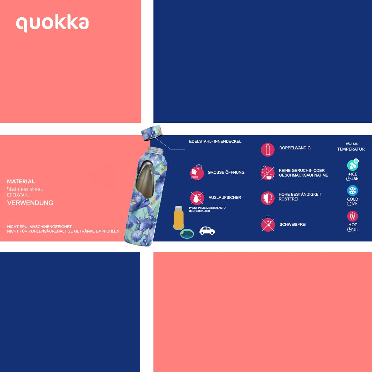 Quokka Blue Wind Edelstahl Trinkflasche isoliert 630 ml Thermoflasche mit Trageschlaufe