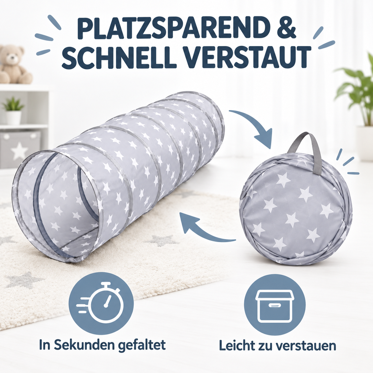 Sterne Spieltunnel Kinder 180 cm Sternen Grauer Krabbeltunnel Indoor & Outdoor