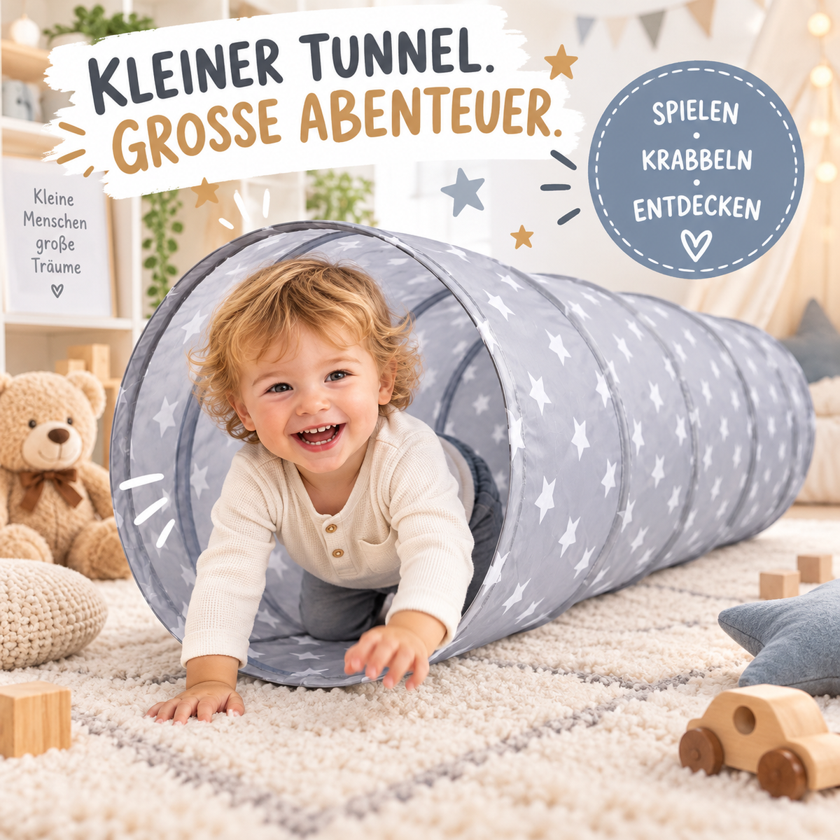 Sterne Spieltunnel Kinder 180 cm Sternen Grauer Krabbeltunnel Indoor & Outdoor