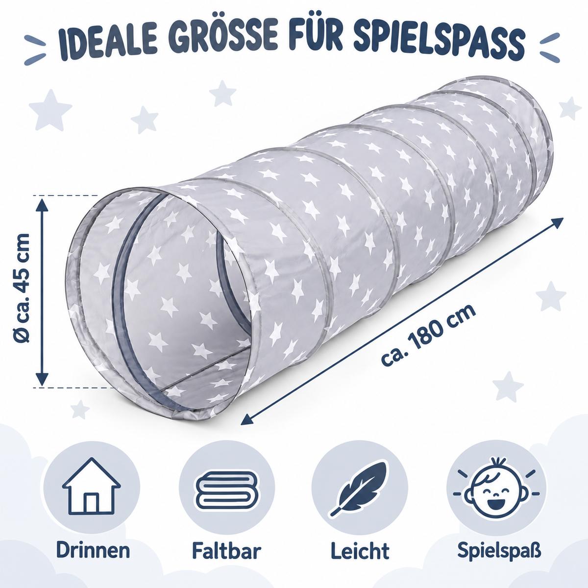 Sterne Spieltunnel Kinder 180 cm Sternen Grauer Krabbeltunnel Indoor & Outdoor