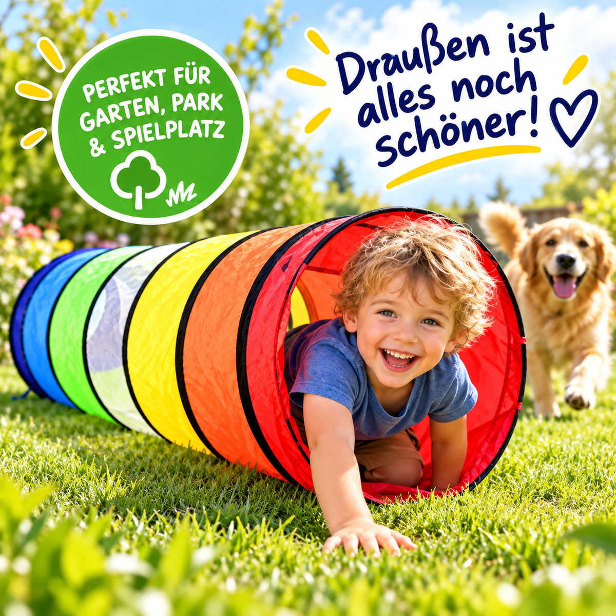 Regenbogen Kindertunnel Spieltunnel Krabbeltunnel Mehrfarbig Spielzeug 180 cm für Drinnen und Draußen