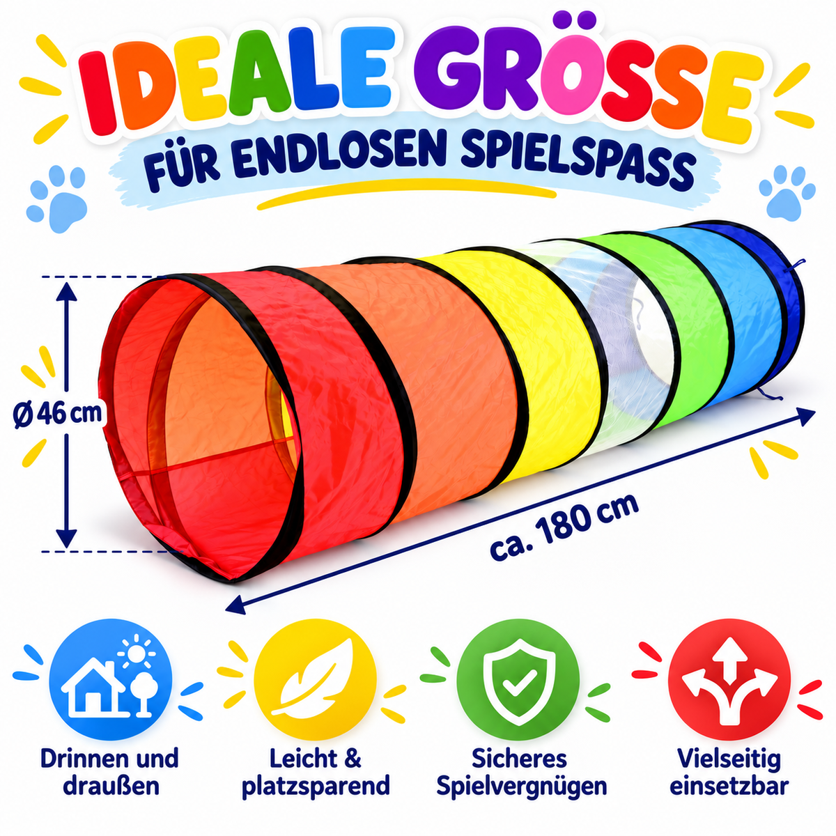 Regenbogen Kindertunnel Spieltunnel Krabbeltunnel Mehrfarbig Spielzeug 180 cm für Drinnen und Draußen
