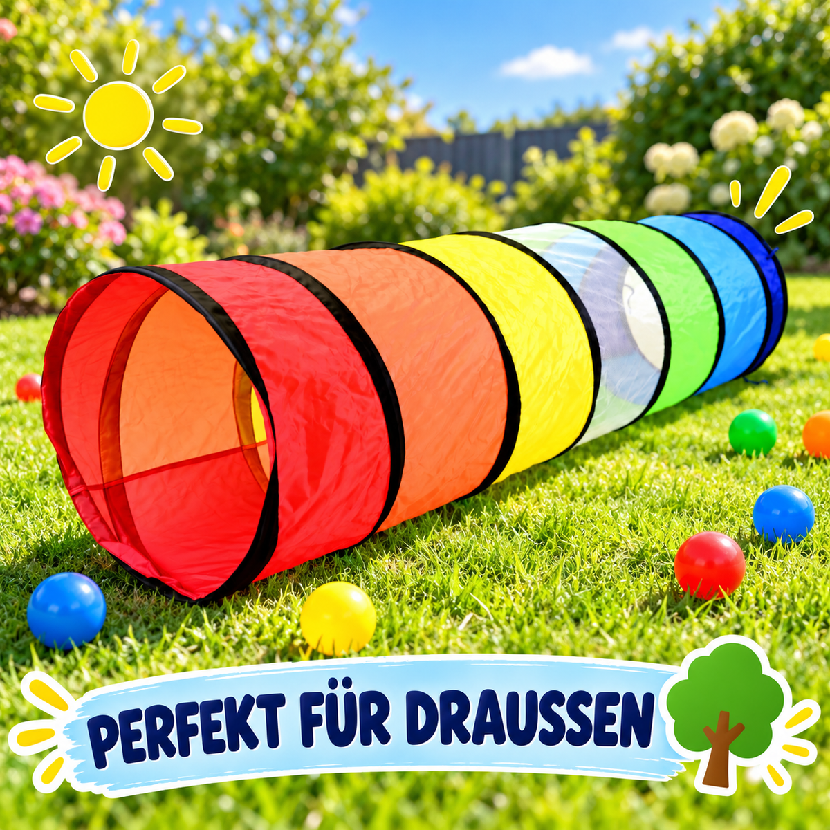 Regenbogen Kindertunnel Spieltunnel Krabbeltunnel Mehrfarbig Spielzeug 180 cm für Drinnen und Draußen