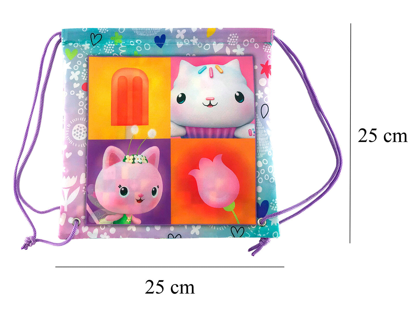Gabby´s Dollhouse Snackbeutel 25 × 25 × 1 cm Brottasche mit Kordelzug für Schule Kindergarten und unterwegs