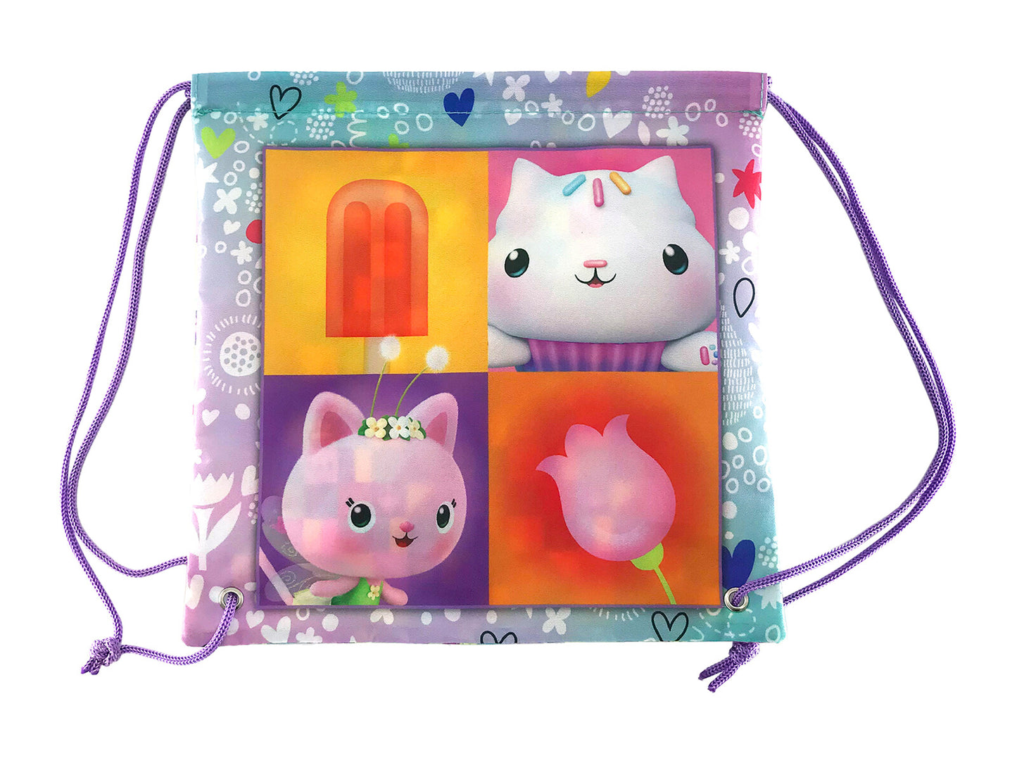 Gabby´s Dollhouse Snackbeutel 25 × 25 × 1 cm Brottasche mit Kordelzug für Schule Kindergarten und unterwegs