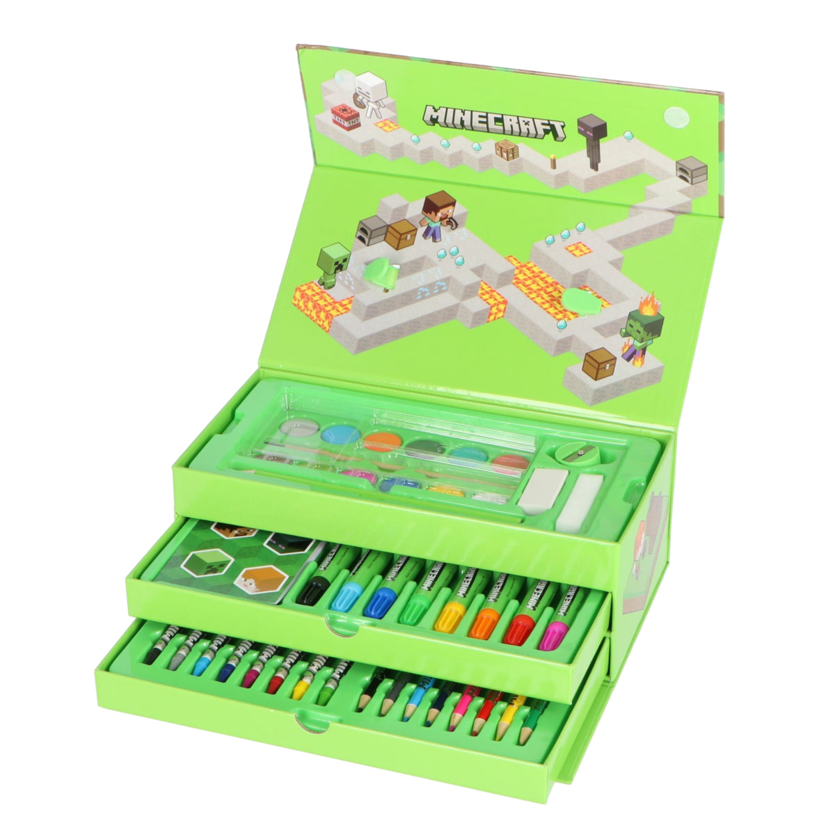 Minecraft Malkoffer für Kinder – Kreativset mit Stiften, Farben und Wasserfarbkasten