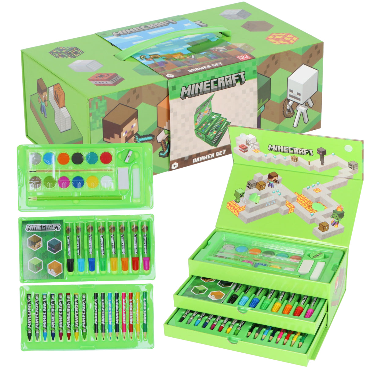 Minecraft Malkoffer für Kinder – Kreativset mit Stiften, Farben und Wasserfarbkasten