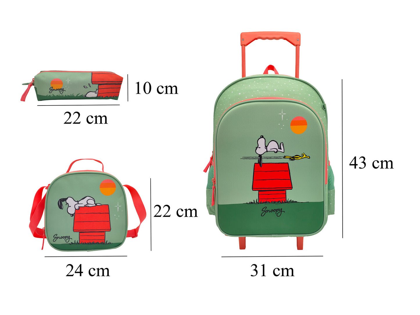 Snoopy Schulset 3 tlg Trolley Rucksack Etui Lunchbag Schule 43 cm