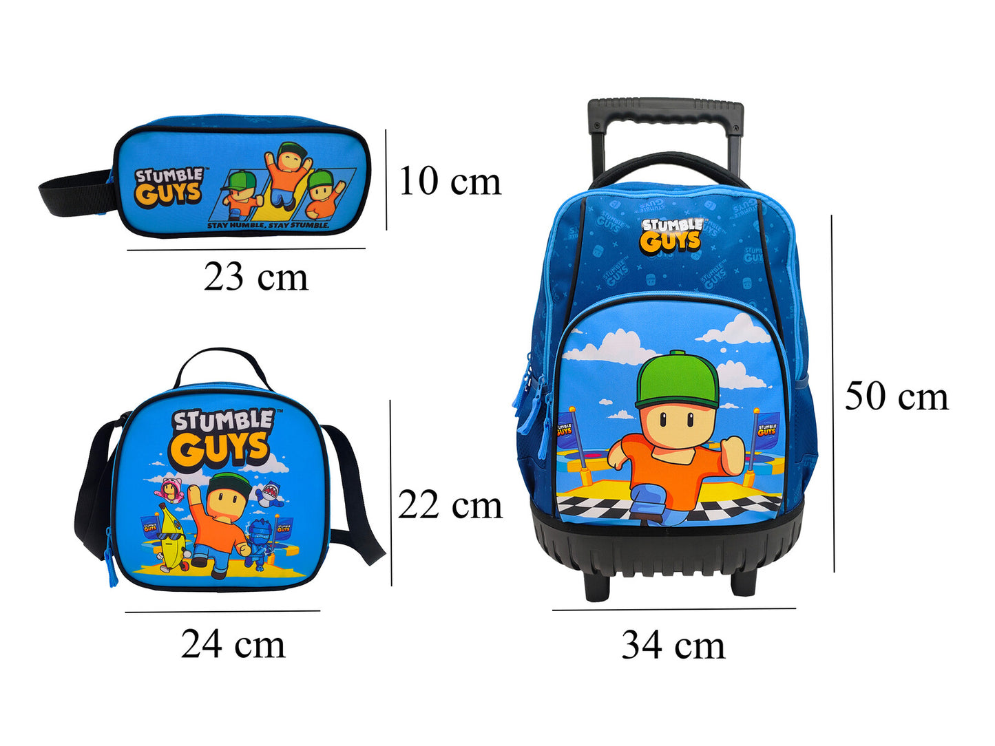 Stumble Guys Trolley Rucksack Set 3 Teile Schule Tasche Etui Lunchbag