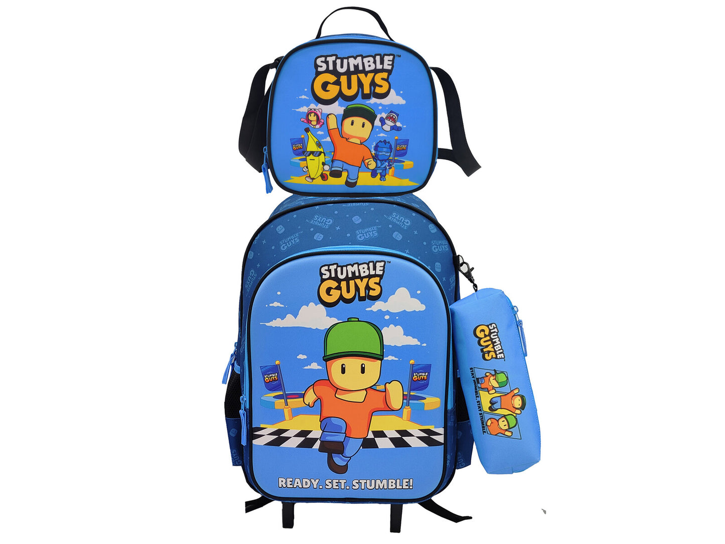 Stumble Guys Schulset 3 tlg Trolley Rucksack Etui Lunchbag Schule 43 cm