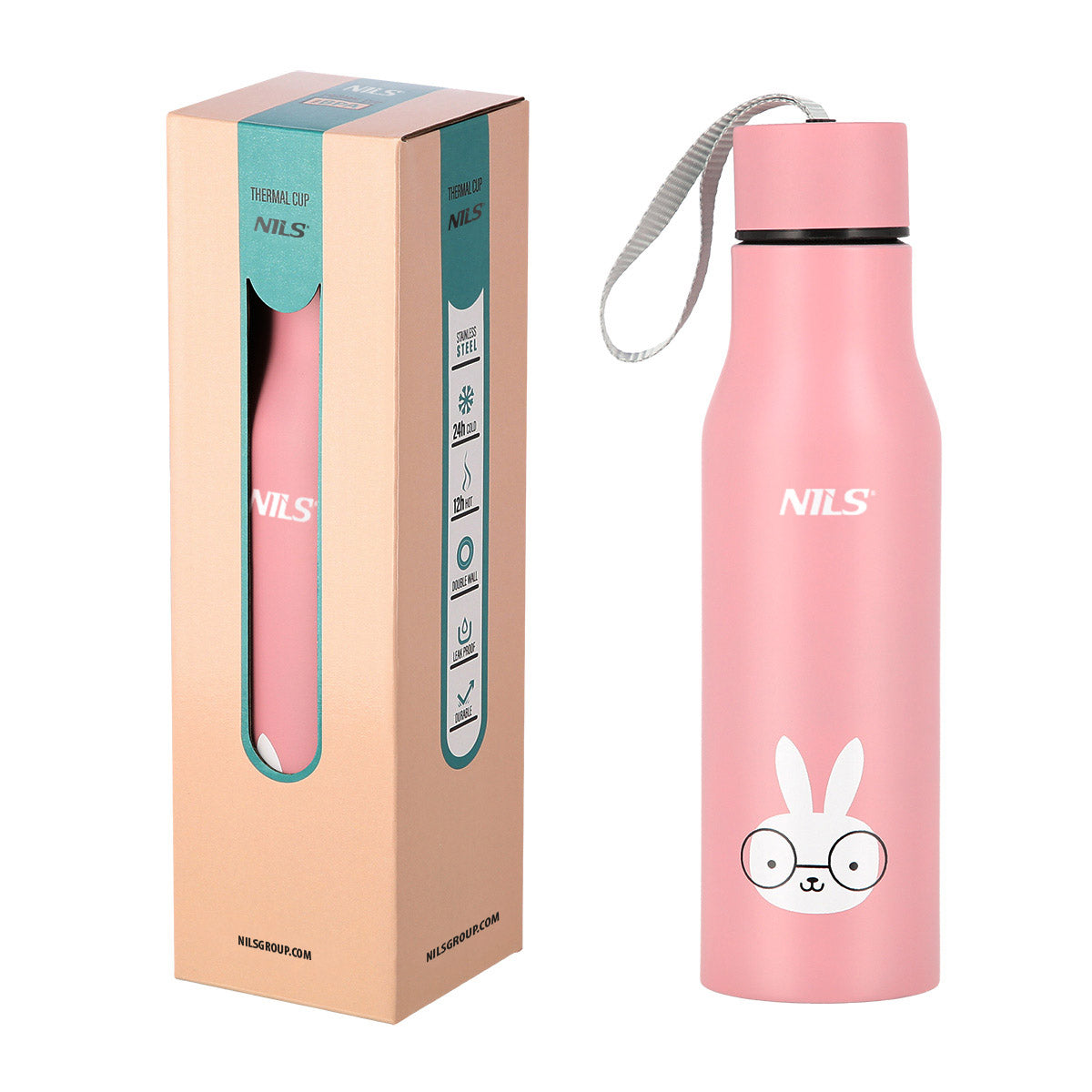 NILS Isolierbecher 500 ml Thermoflasche mit Trageschlaufe Kaninchen Design