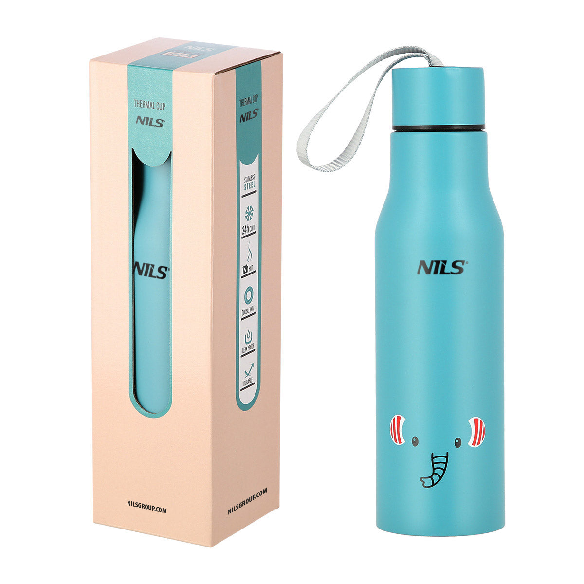 NILS Elefant Thermoflasche 500 ml doppelwandig mit Deckel und Trageschlaufe