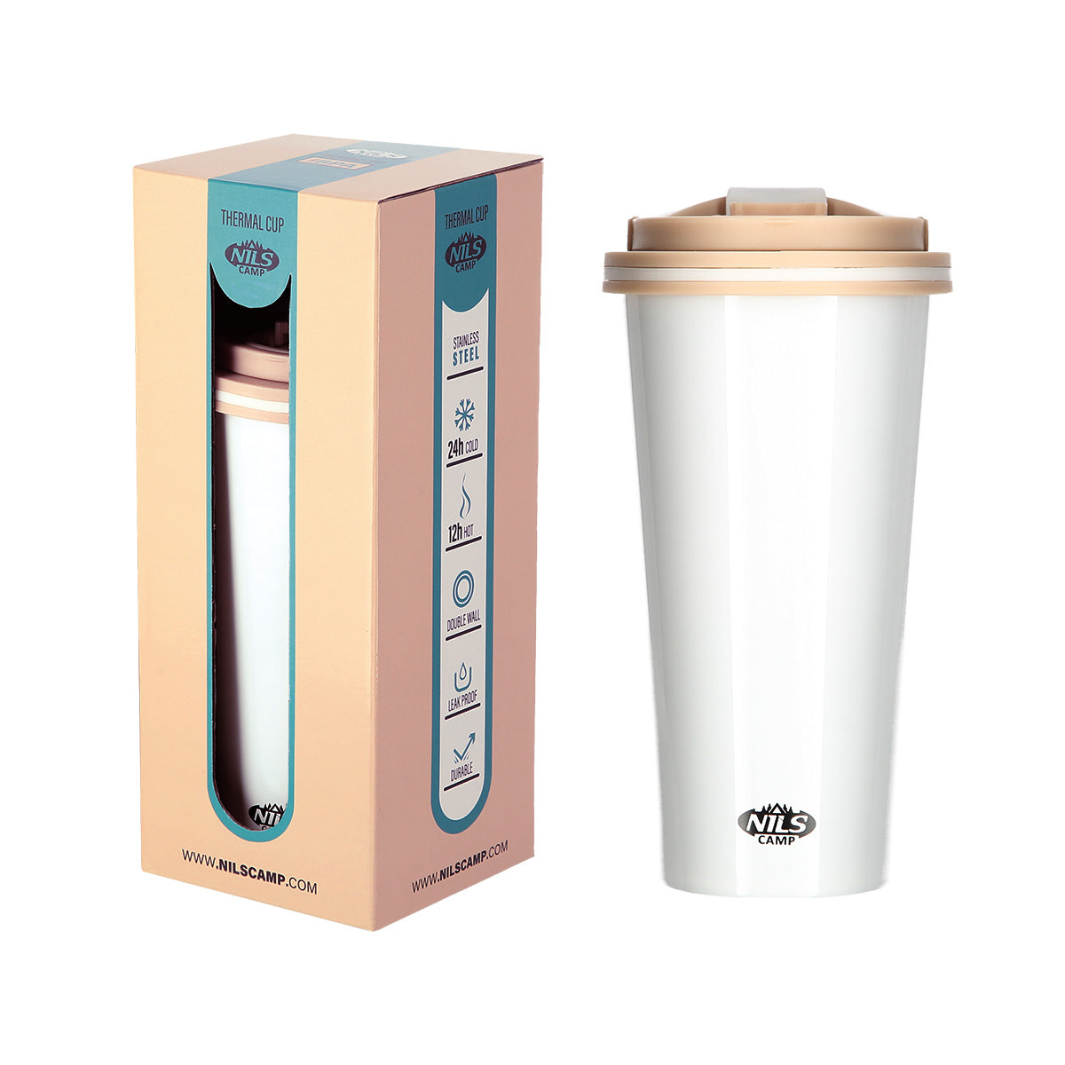 NILS CAMP Thermobecher Weiß mit Griff 500 ml Kaffee Tee Becher Outdoor
