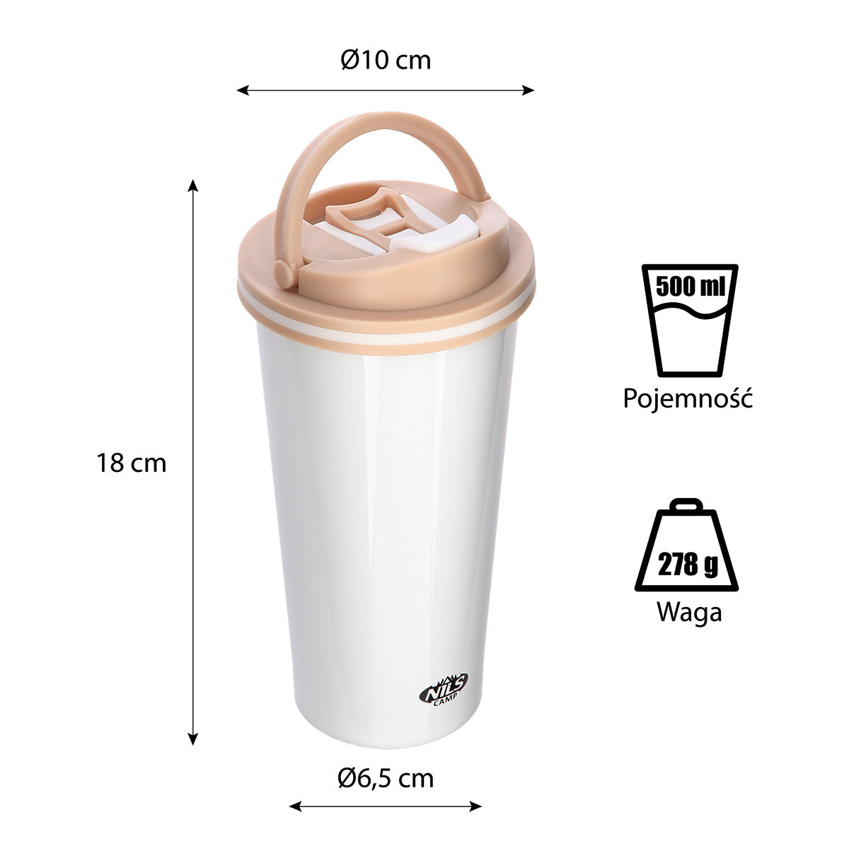 NILS CAMP Thermobecher Weiß mit Griff 500 ml Kaffee Tee Becher Outdoor