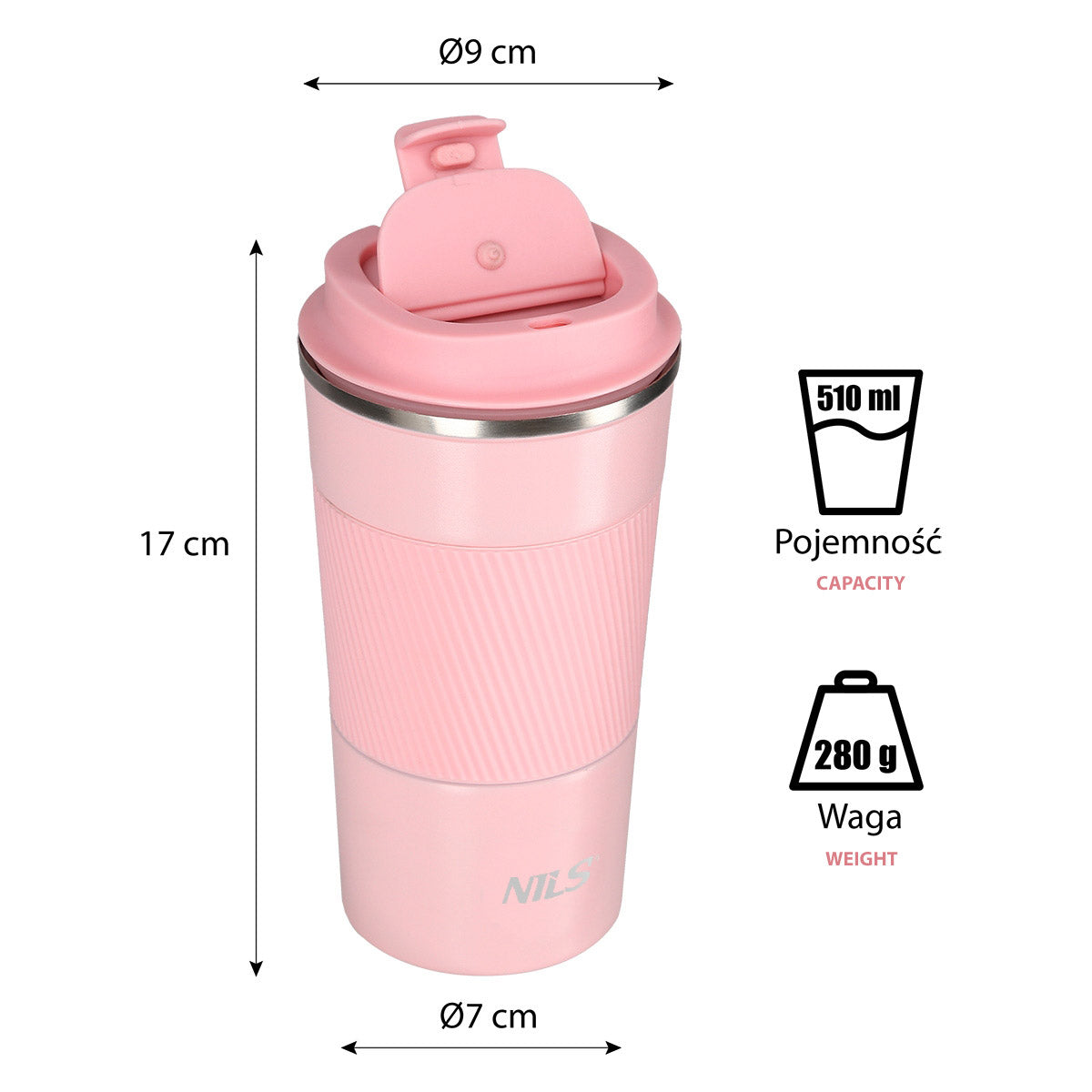 NILS Thermobecher Rosa 510 ml Isolierbecher Edelstahl Reisebecher
