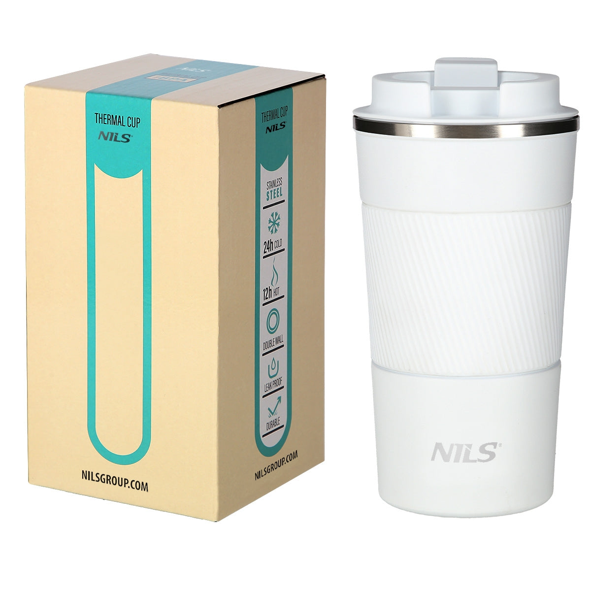 NILS NCC09 Reisebecher Weiß Thermobecher mit Gummigriff Kaffee Tee Wasser