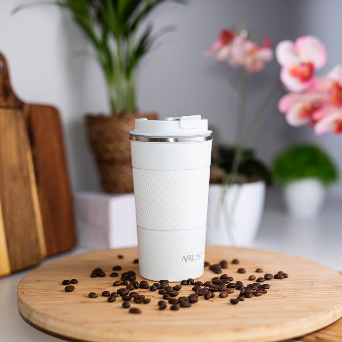 NILS NCC09 Reisebecher Weiß Thermobecher mit Gummigriff Kaffee Tee Wasser